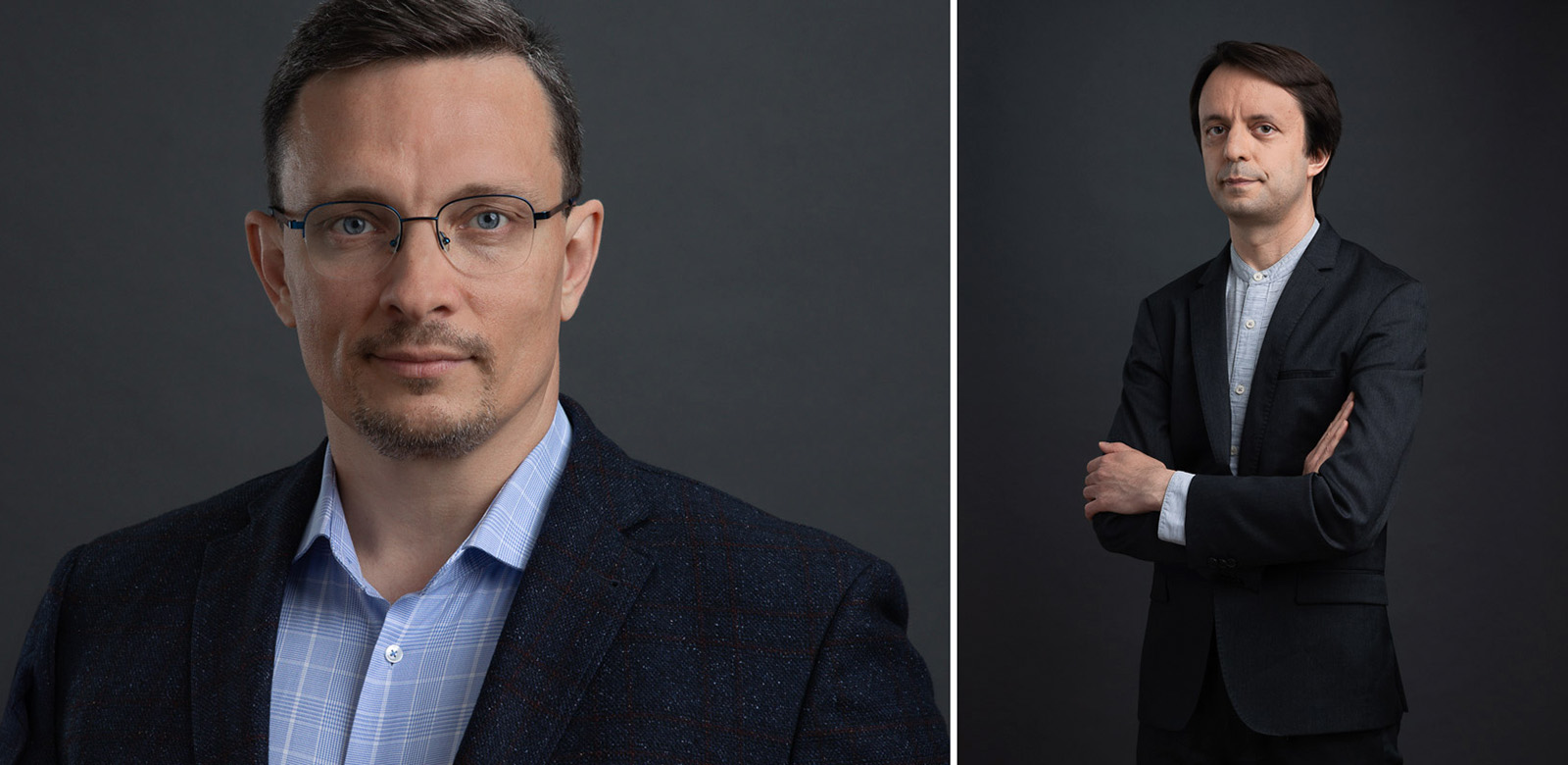 Deux portraits professionnels d'hommes, l'un en plan rapproché de type headshot et l'autre de type portrait corporate
