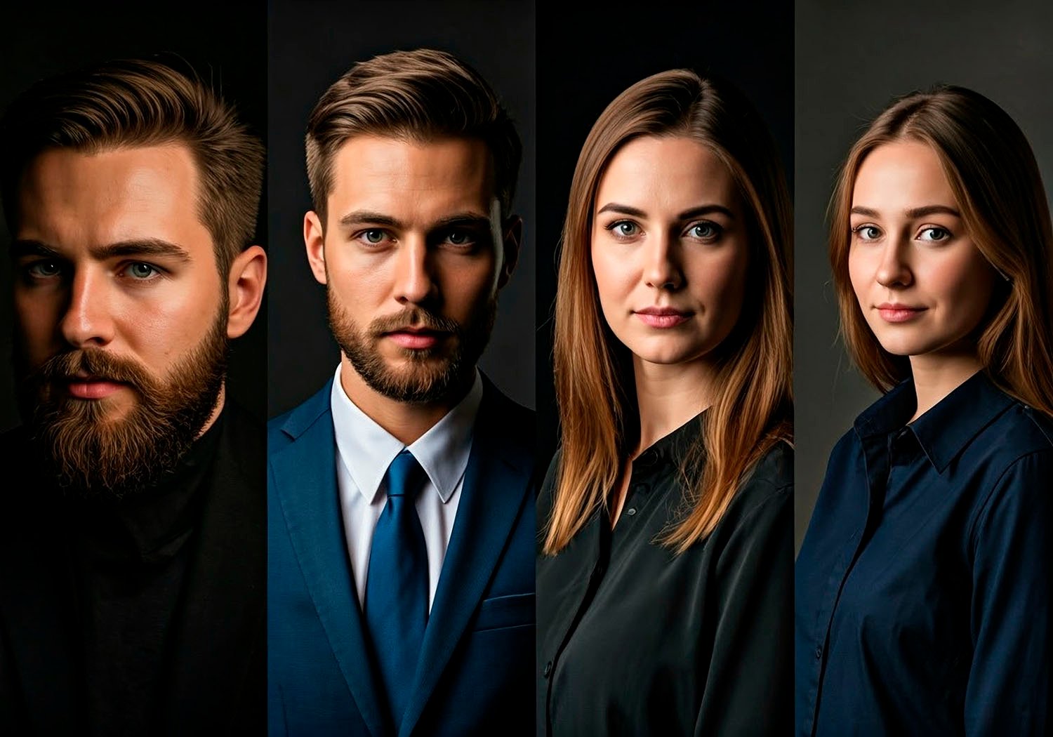 4 éclairage différents sur les portraits corporate représentant des jeunes hommes et femmes