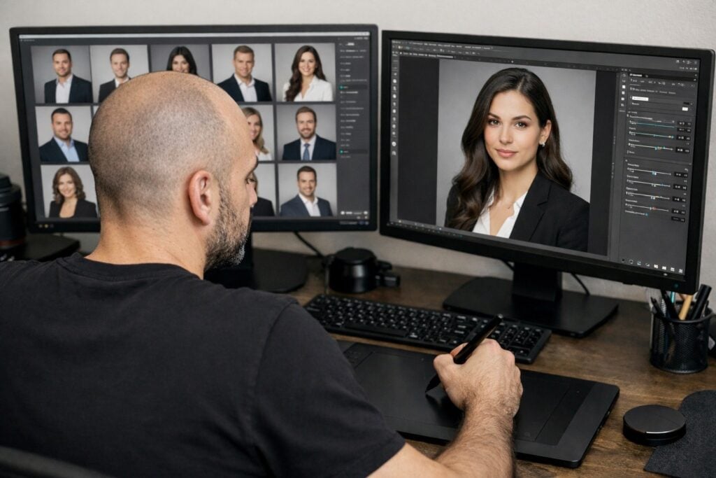 Un homme retouche des headshots sur son ordinateur avant de procéder à leur livraison à son client.